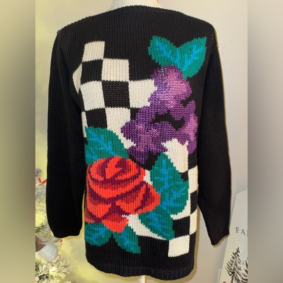 Jimmy Garcia hand loomed Floral Checkered Black Sweater. Size M - Picture 1 of 5
